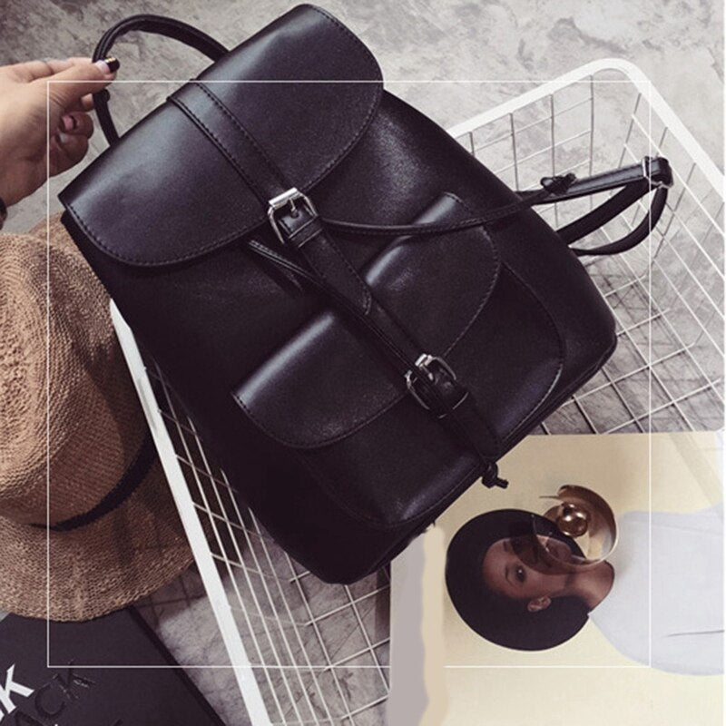 Fashionable Women's Pull-Rope Pu Leather Backpack Belt Decoration Schoolbag Student Shoulder Bag(Black) - ebowsos