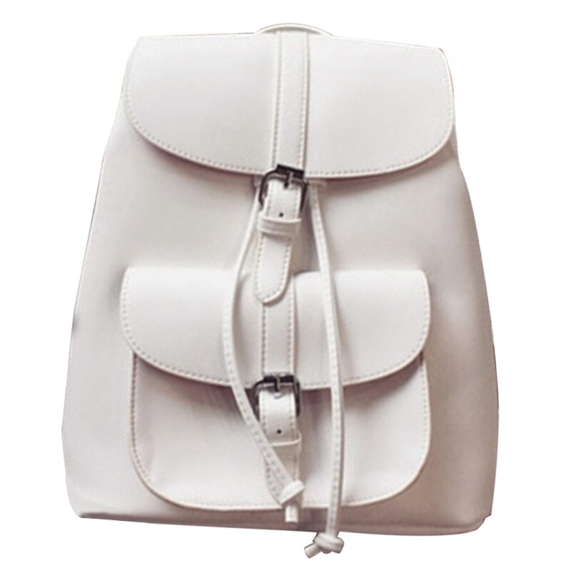 Fashionable Women's Pull-Rope Pu Leather Backpack Belt Decoration Schoolbag Student Shoulder Bag(White) - ebowsos