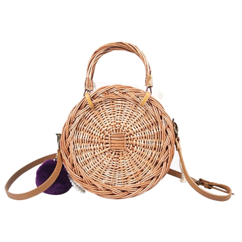 Female Rattan Bag Straw Bag For Women Summer Holiday Beach Handbag Woven Round Tote - ebowsos