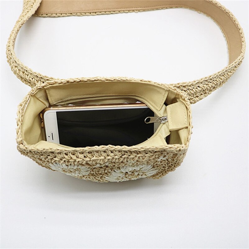 Flower Straw Waist Pack men women can be fitted with mobile phone keys purse women bag(Beige) - ebowsos