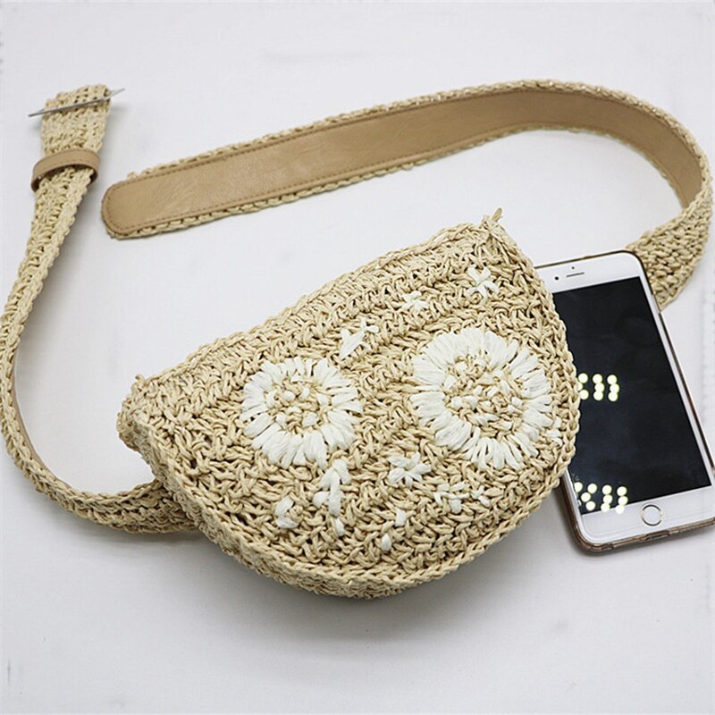 Flower Straw Waist Pack men women can be fitted with mobile phone keys purse women bag(Beige) - ebowsos