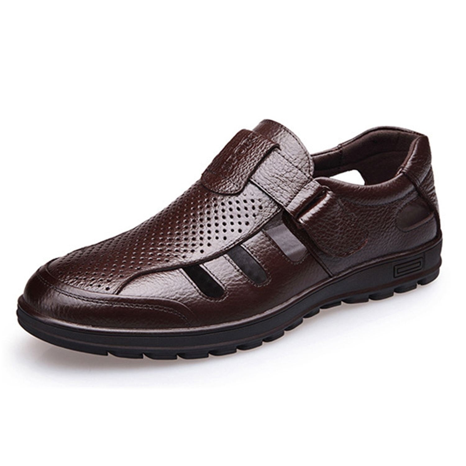Genuine Leather Men Sandals Shoes Fretwork Breathable Fisherman Shoes Style Retro Gladiator Soft Bottom summer Classics m - ebowsos