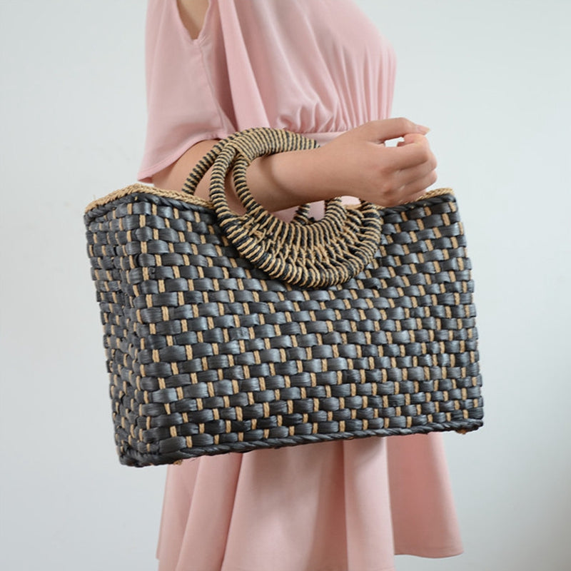 Hand Basket Shopping Bag Black Color Bali Island Hand Woven Bag Straw Bags Satchel Wind Bohemia Beach Bag - ebowsos
