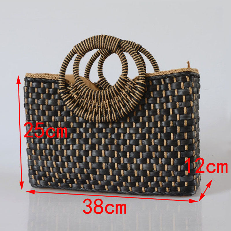 Hand Basket Shopping Bag Black Color Bali Island Hand Woven Bag Straw Bags Satchel Wind Bohemia Beach Bag - ebowsos