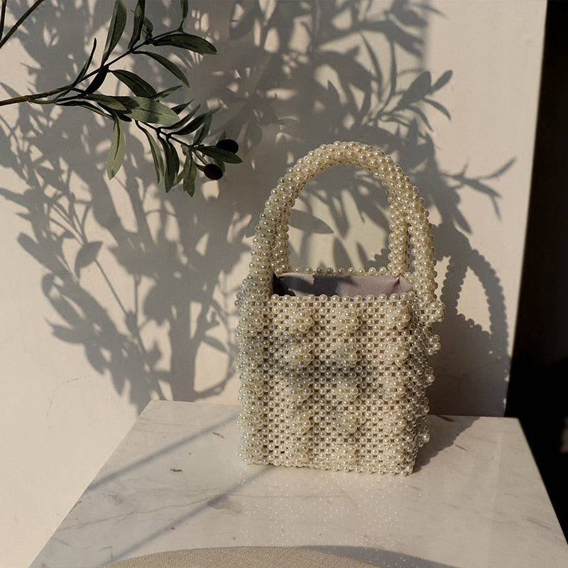 Handmade Pearl Lady Tote Luxury Handbags Small Box Evening Bag Fashion Vintage Female Top-Handle Purse Chic Ins - ebowsos
