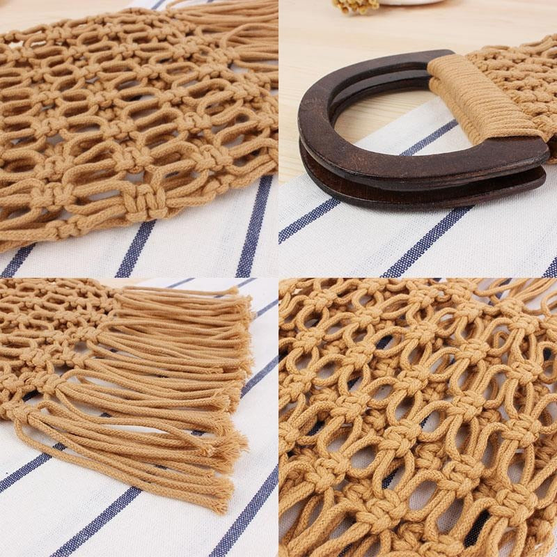 Handmade Straw Woven Bags Wooden Handle Handbag Hollow Out String Tassel Beach Bag For Women Mesh Totes Fashion Storage T - ebowsos