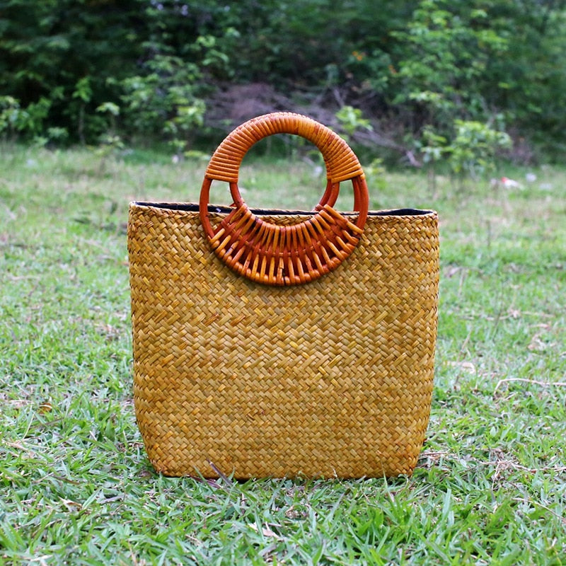 Handmade Woven Bag Ladies Bag Rattan Straw Woven Handle Handbag Holiday Beach Bag - ebowsos