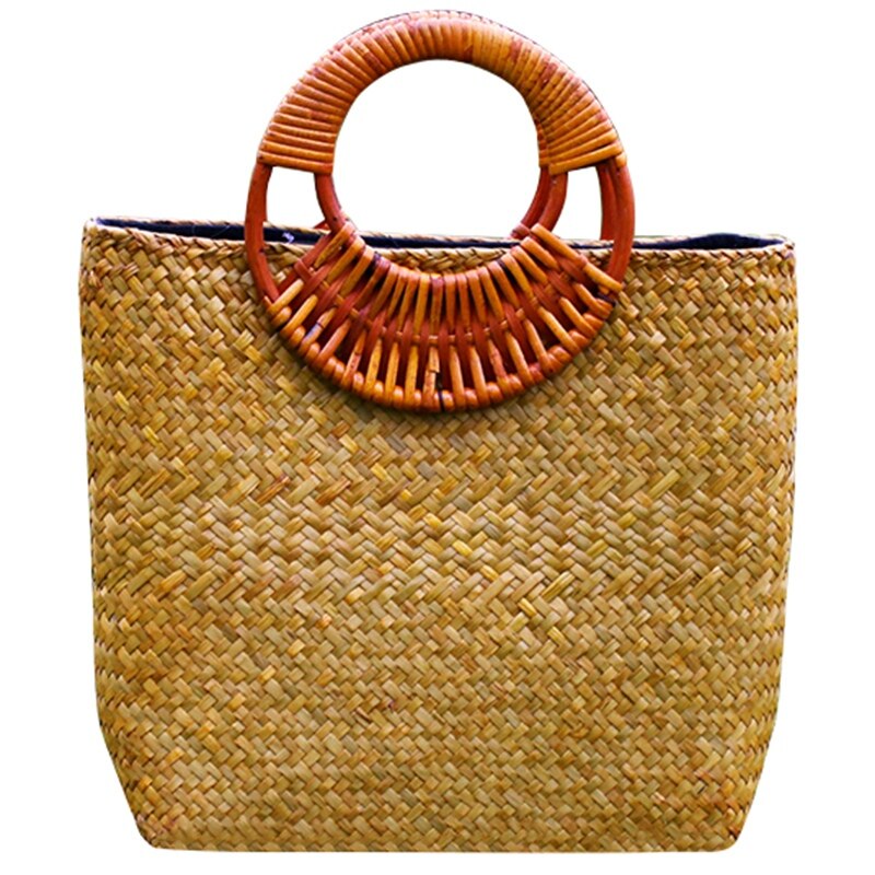Handmade Woven Bag Ladies Bag Rattan Straw Woven Handle Handbag Holiday Beach Bag - ebowsos