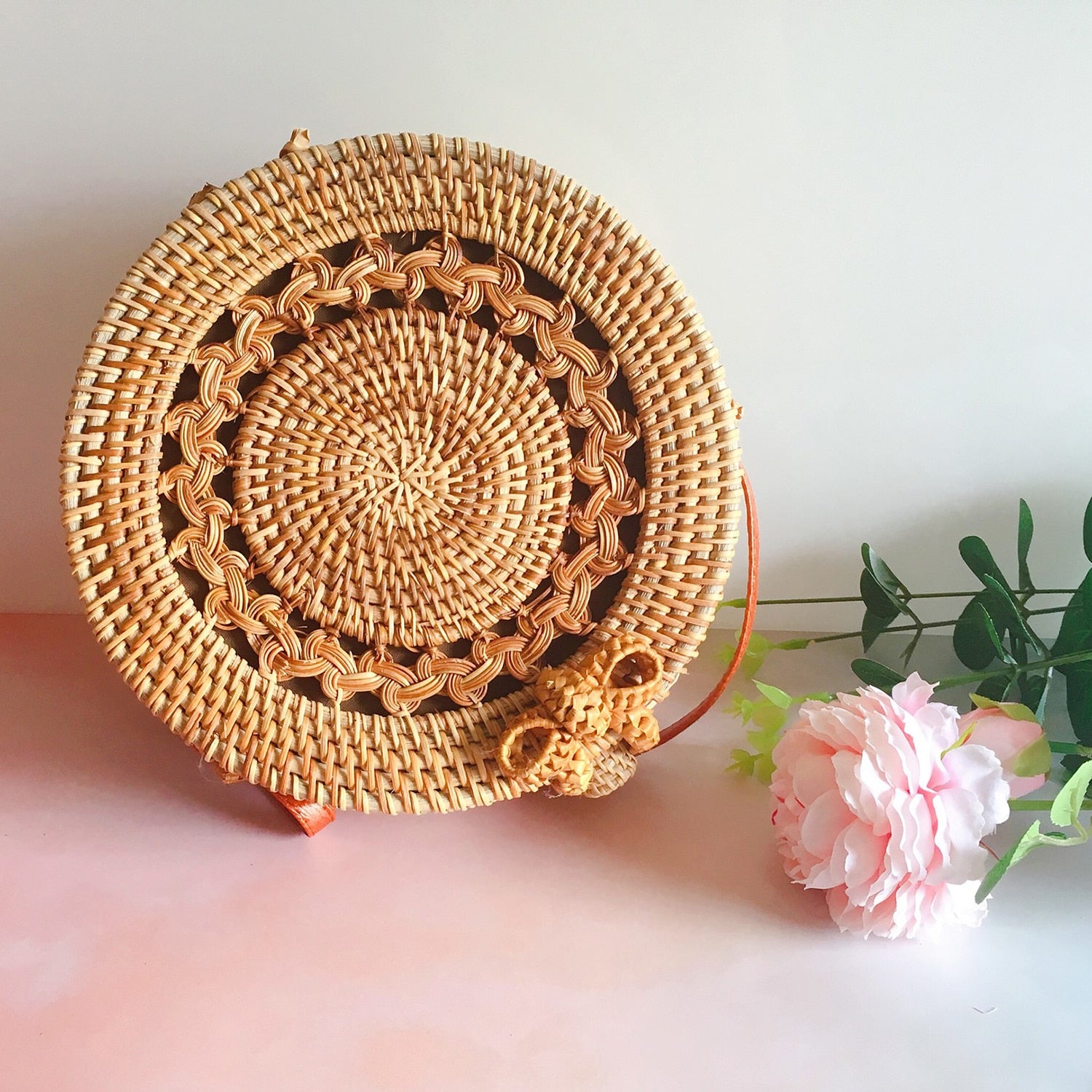 Handwoven Thick Classic Round Rattan grass Bag Brown - ebowsos
