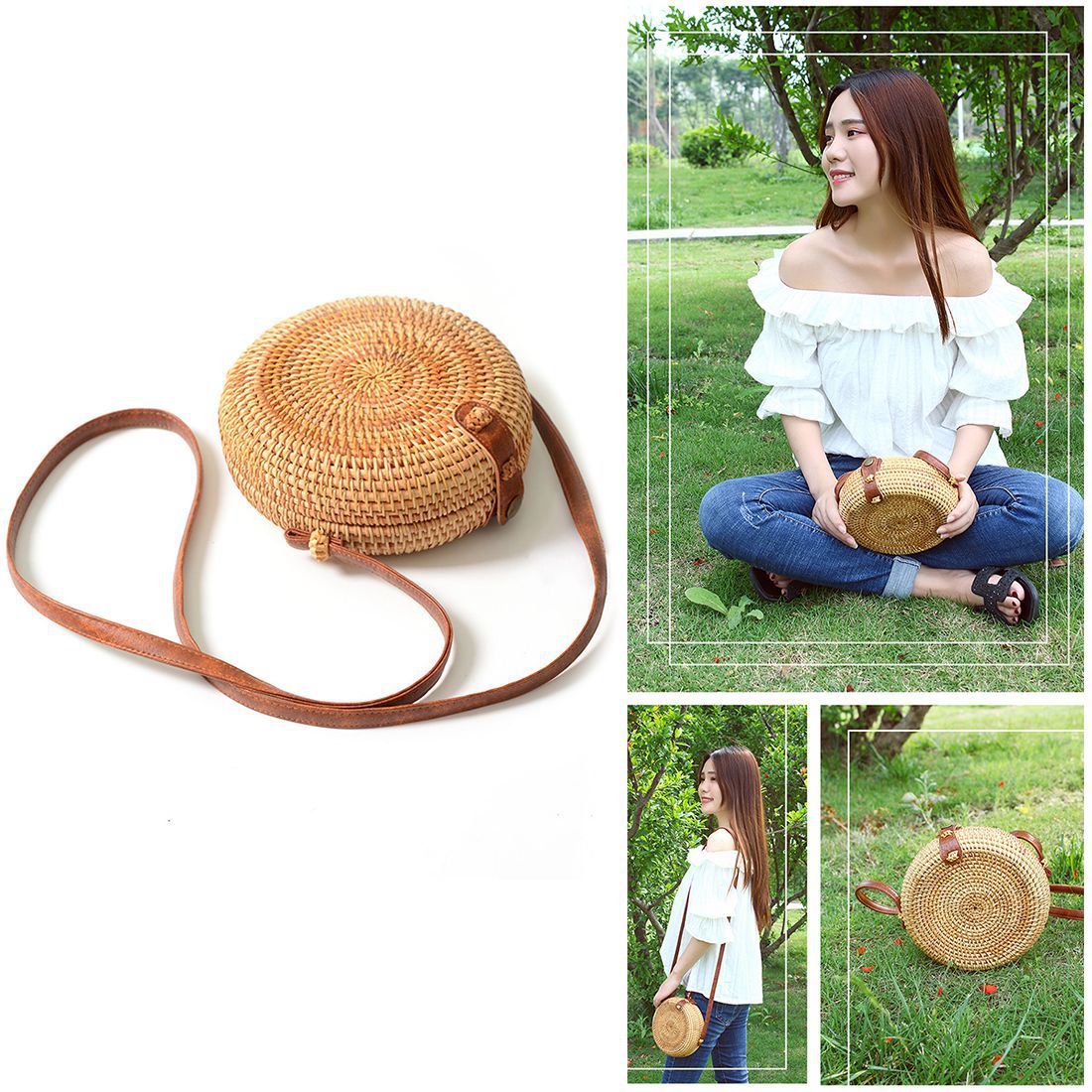 INS new ladies hand-woven bag round rattan retro literary hand-woven leather buckle package Bohemia Beach Messenger bag - ebowsos
