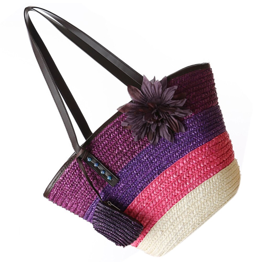 Knitted Straw bag Summer flower Bohemian fashion women's handbags color stripes shoulder bags beach bag big tote bags - ebowsos