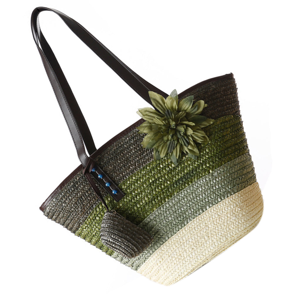 Knitted Straw bag Summer flower Bohemian fashion women's handbags color stripes shoulder bags beach bag big tote bags - ebowsos