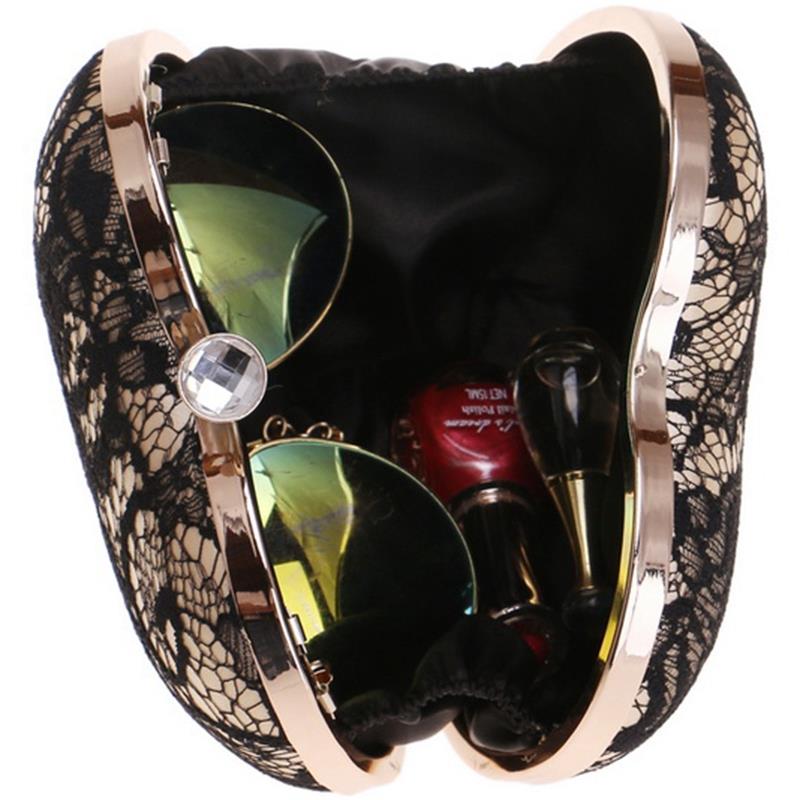 Lace Luxurious Women Heart Evening Bags Hollow Out Design Rhinestones Clutches Chain Shoulder Purse Handbags - ebowsos