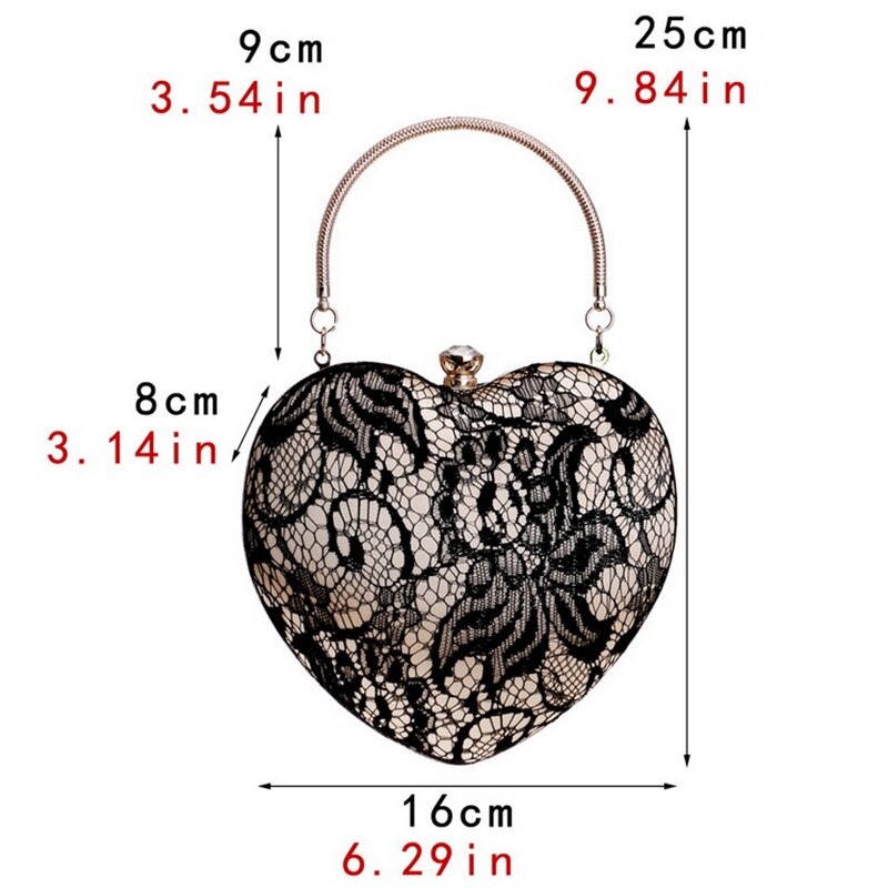Lace Luxurious Women Heart Evening Bags Hollow Out Design Rhinestones Clutches Chain Shoulder Purse Handbags - ebowsos