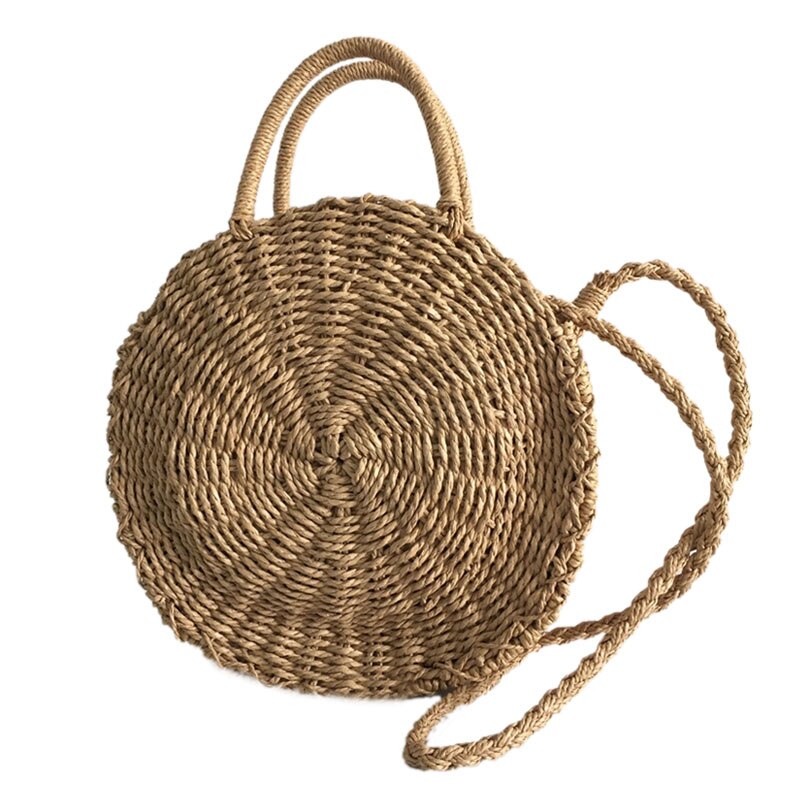 Lady Fresh Handbag Summer Beach Tote Handmade Rattan woven Round Handbag Vintage Retro Straw Knitted Messenger Bag - ebowsos