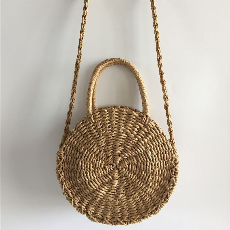 Lady Fresh Handbag Summer Beach Tote Handmade Rattan woven Round Handbag Vintage Retro Straw Knitted Messenger Bag - ebowsos