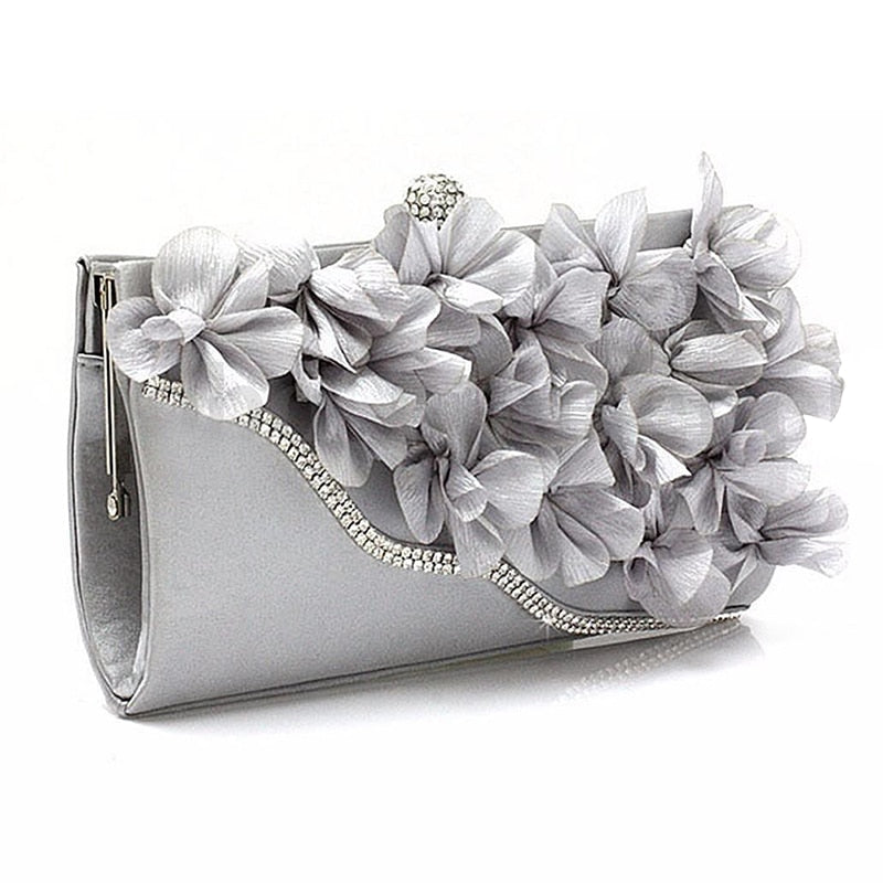 Lady Satin Clutch Bag Flower Evening Party Wedding Purse Chain Shoulder Handbag Colors:Silver - ebowsos
