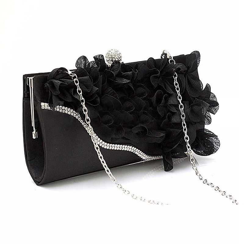 Lady Satin Clutch Bag Flower Evening Party Wedding Purse Chain Shoulder Handbag Colors:Silver - ebowsos