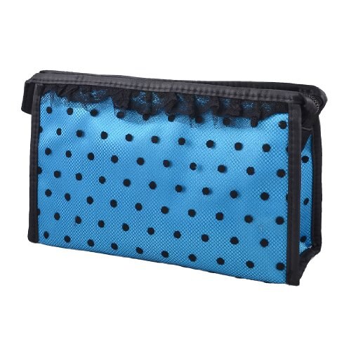Lady Zip up Blue Black Dotted Lace Meshy Makeup Cosmetic Bag Organizer Holder - ebowsos
