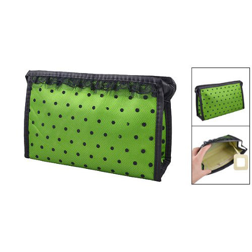 Lady Zippered Lace Dotted Mesh Rectangular Cosmetic Bag Pouch Organizer Black Green - ebowsos