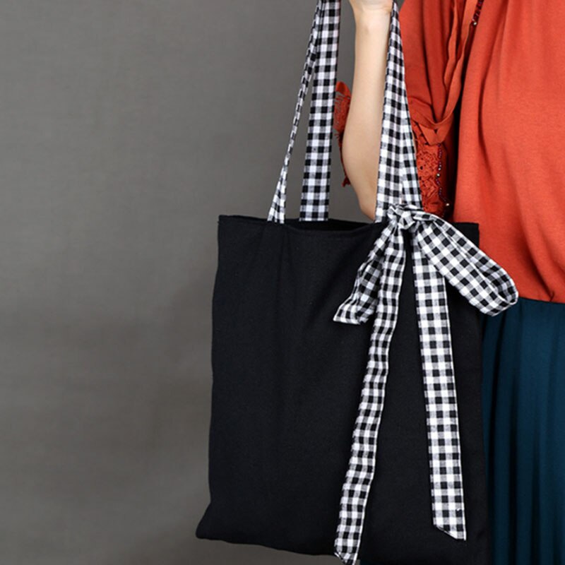 Lady bow canvas bag black shoulder bag portable plaid canvas bag shopping bag - ebowsos
