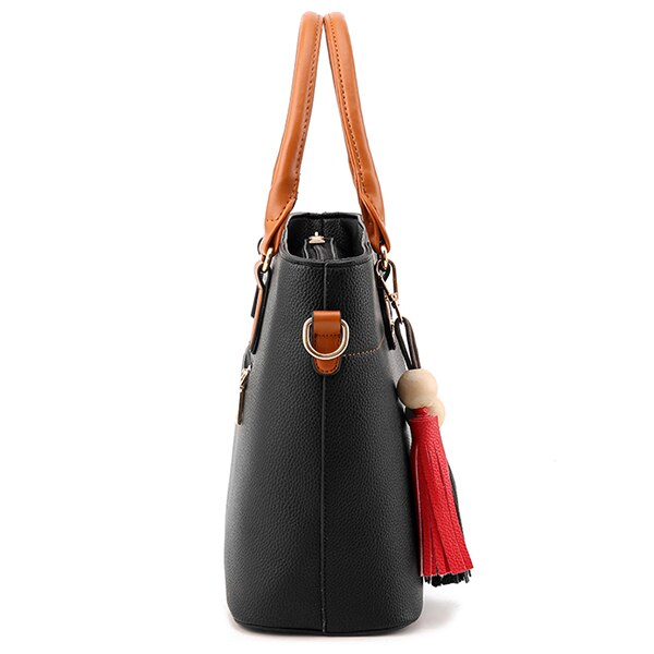 Large Capacity Tassel Tote Bag Women Soft Leather Ladies Handbag Crossbody Messenger Bags Female Purse Shoulder Bag(Black - ebowsos