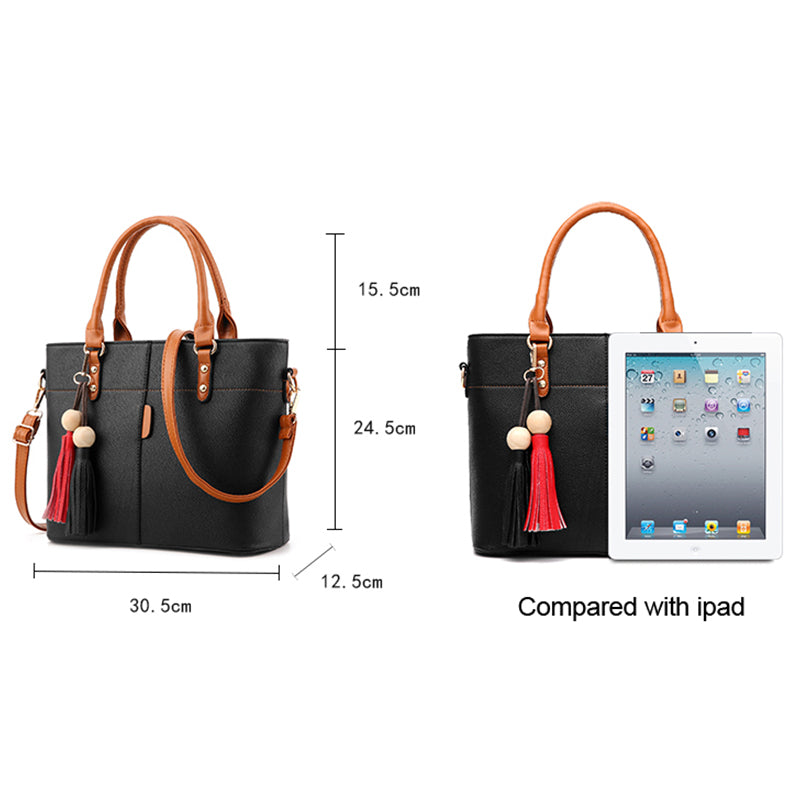 Large Capacity Tassel Tote Bag Women Soft Leather Ladies Handbag Crossbody Messenger Bags Female Purse Shoulder Bag(Black - ebowsos