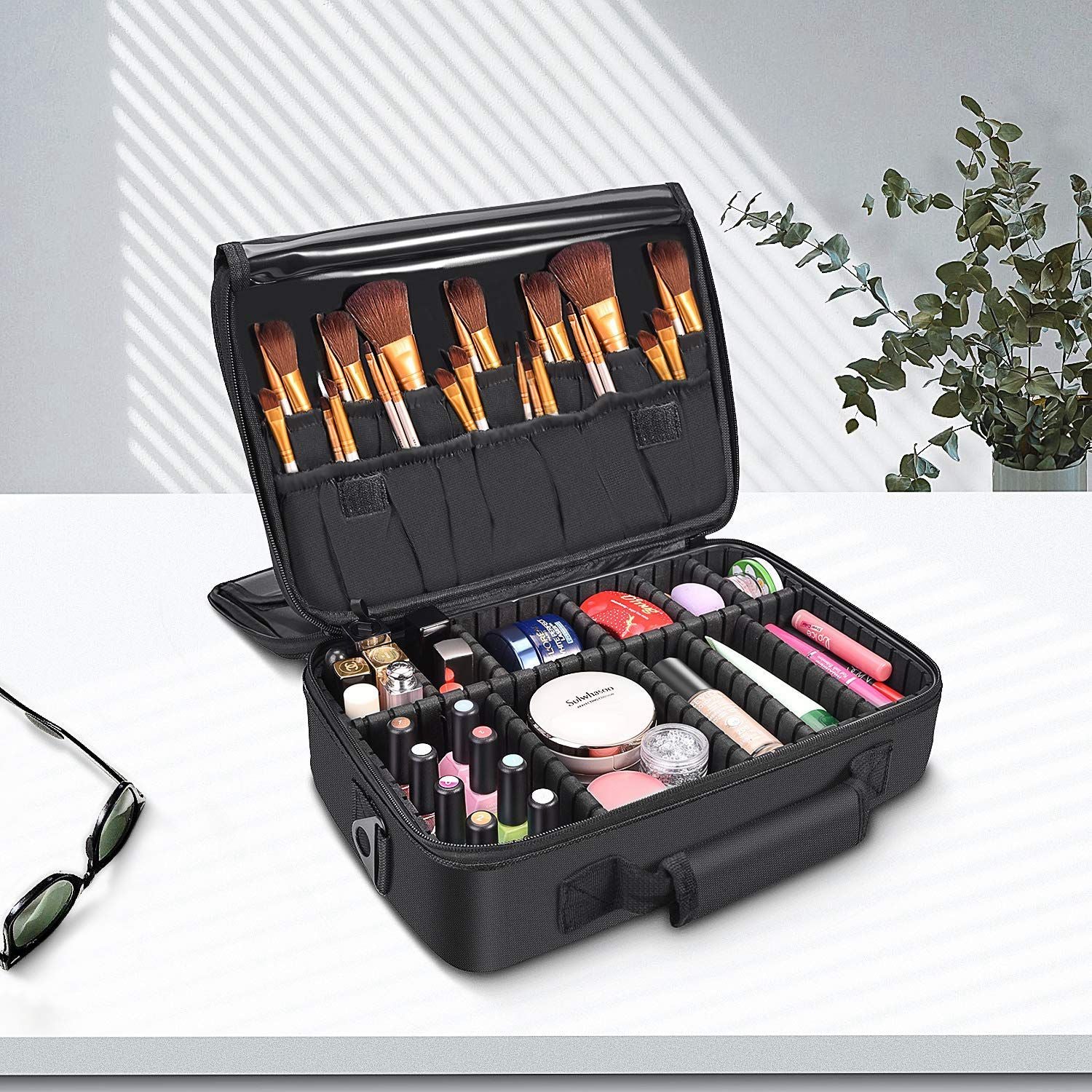 Makeup Train Case-3 Layers Waterproof Travel Makeup Bag Cosmetic Organizer Kit Artist Storage Case Brush Holder with Adju - ebowsos