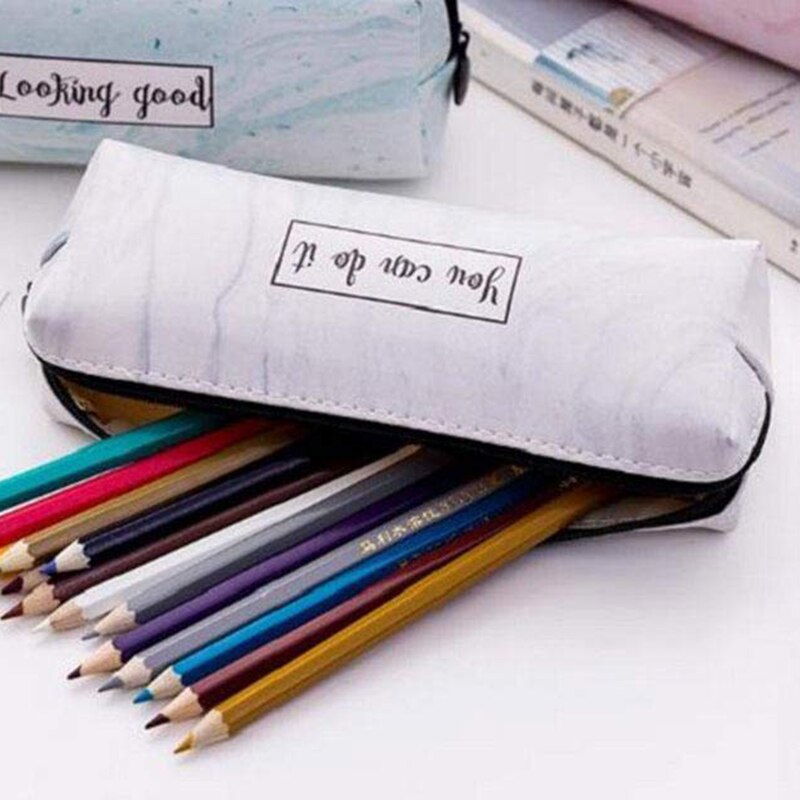 Marble Cosmetic Bag, Pen Holder Makeup Bag Organizer Canvas Pencil Pouch Zipper Stationery Purse Cute Portable Cos - ebowsos
