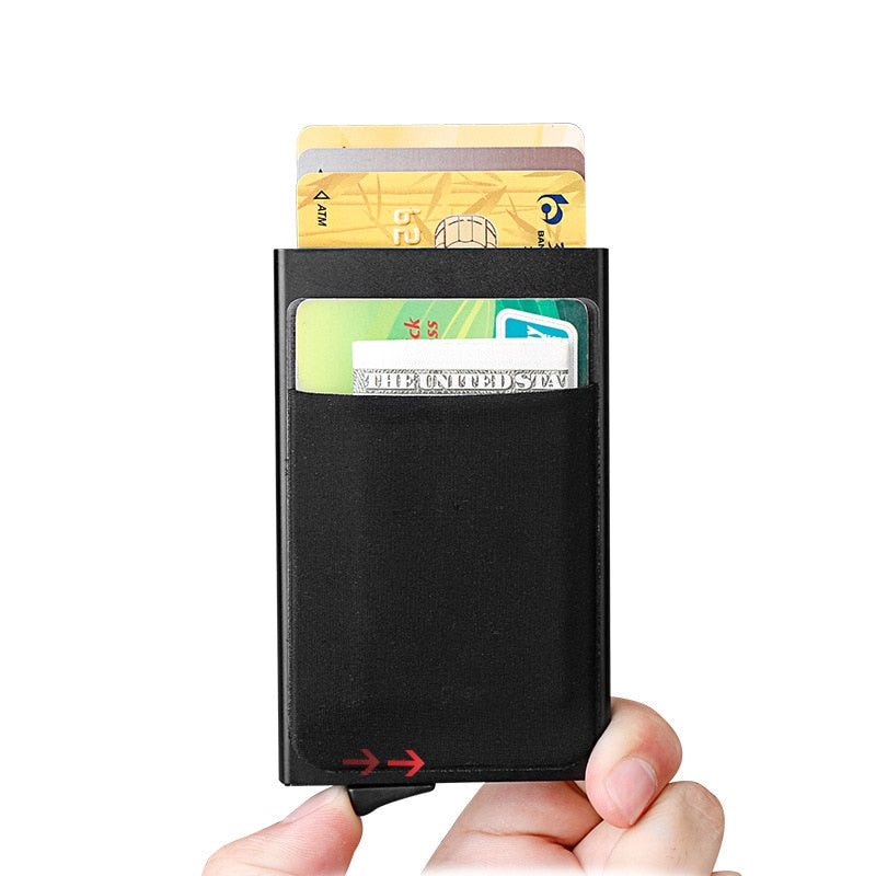Men Aluminum Wallet With Back Pocket Id Card Holder Rfid Blocking Mini Slim Metal Wallet Automatic Up Credit Card Coin Pu - ebowsos
