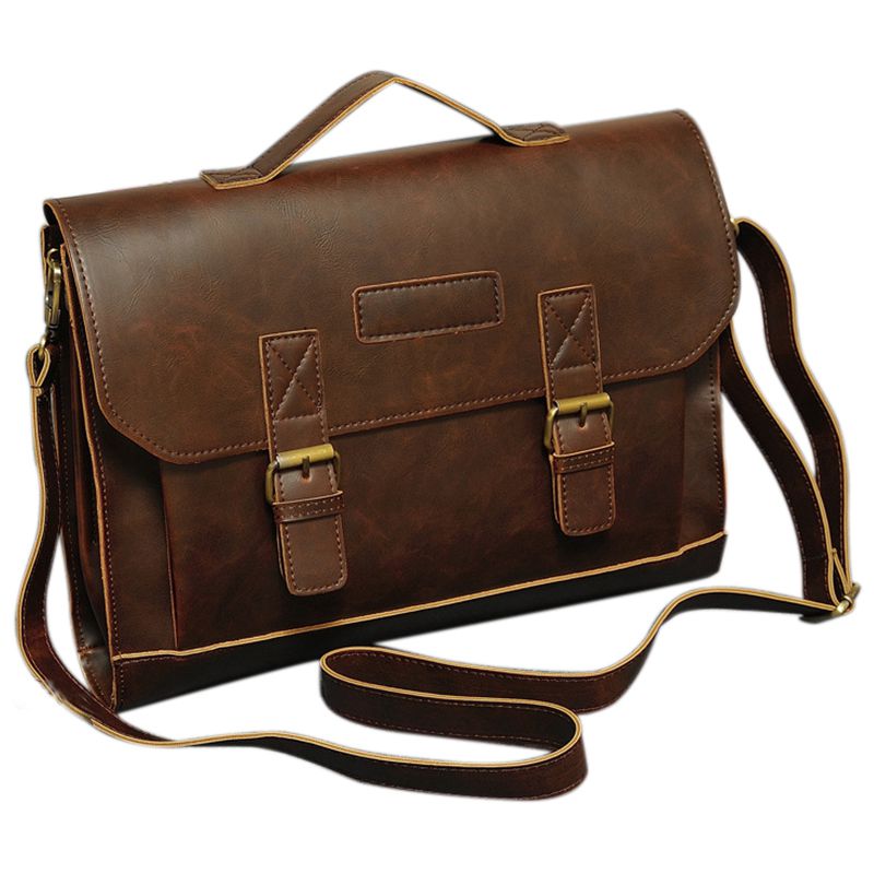 Men's Leather Messenger Shoulder Bags Business Work Briefcase Laptop Bag Handbag, Brown - ebowsos