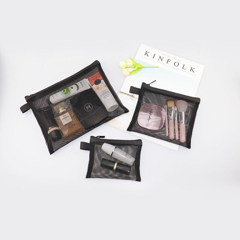 Mesh Makeup Bag with Zipper Travel Cosmetics Organizer See Through Beauty Essentials Storage Bag Pack of 3 (S/M/L),Black - ebowsos
