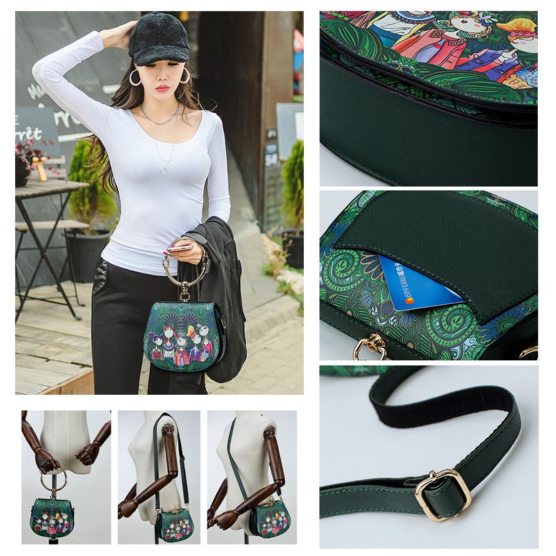 Ms. bag Patchwork Forest girl Printing Green PU Fashion Trend Cute Fashion Shoulder Diagonal round package - ebowsos