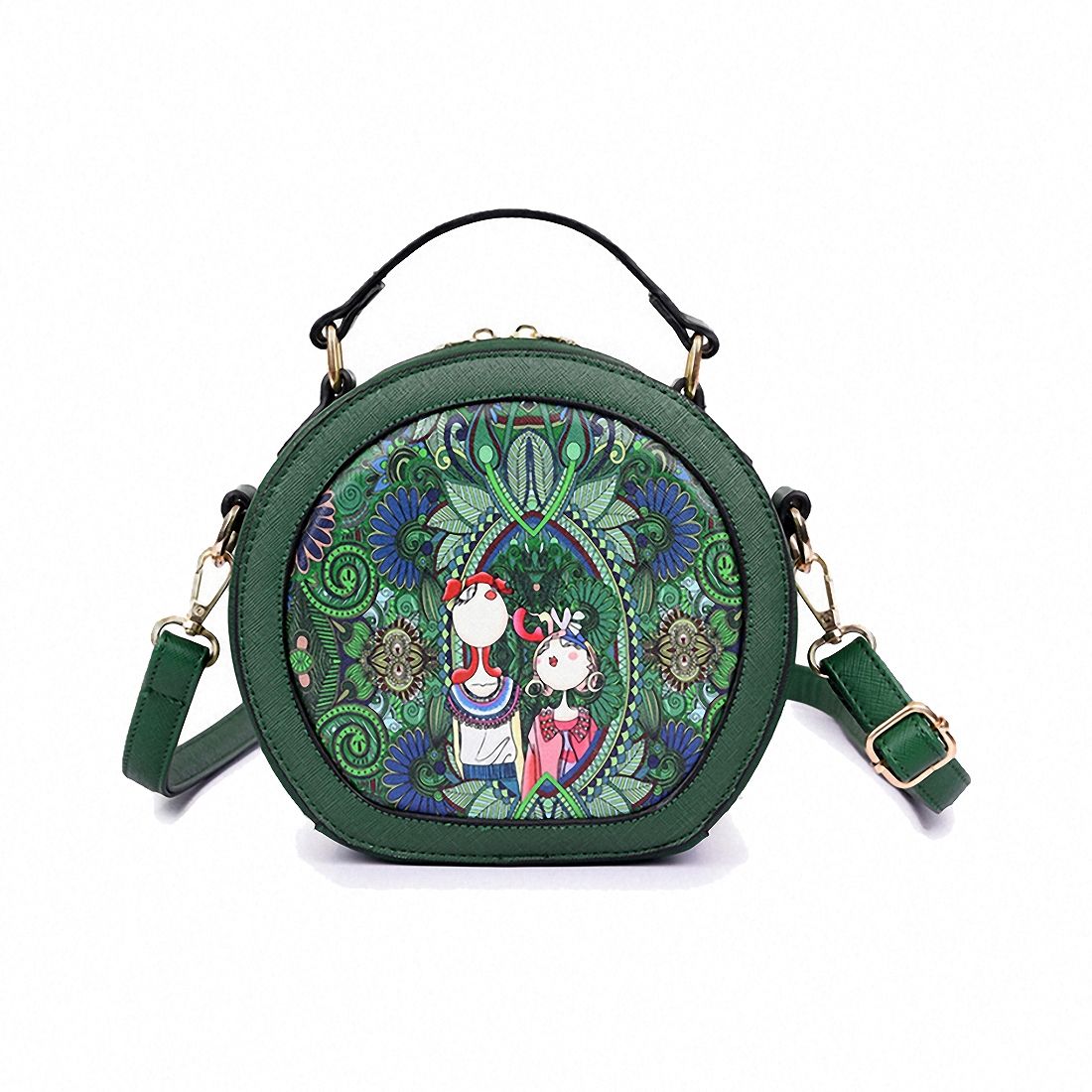 Ms. bag patchwork forest girl printing green PU leather fashion trend round shoulder bag - ebowsos
