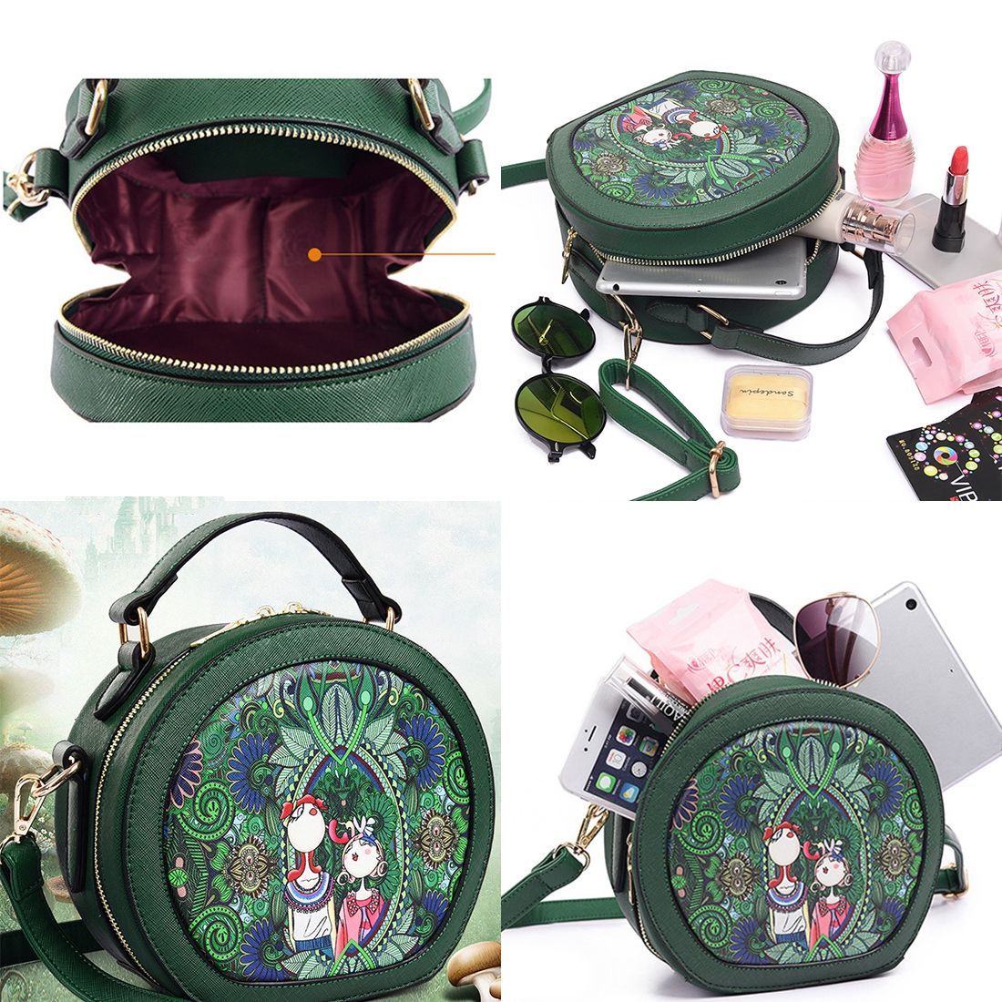 Ms. bag patchwork forest girl printing green PU leather fashion trend round shoulder bag - ebowsos