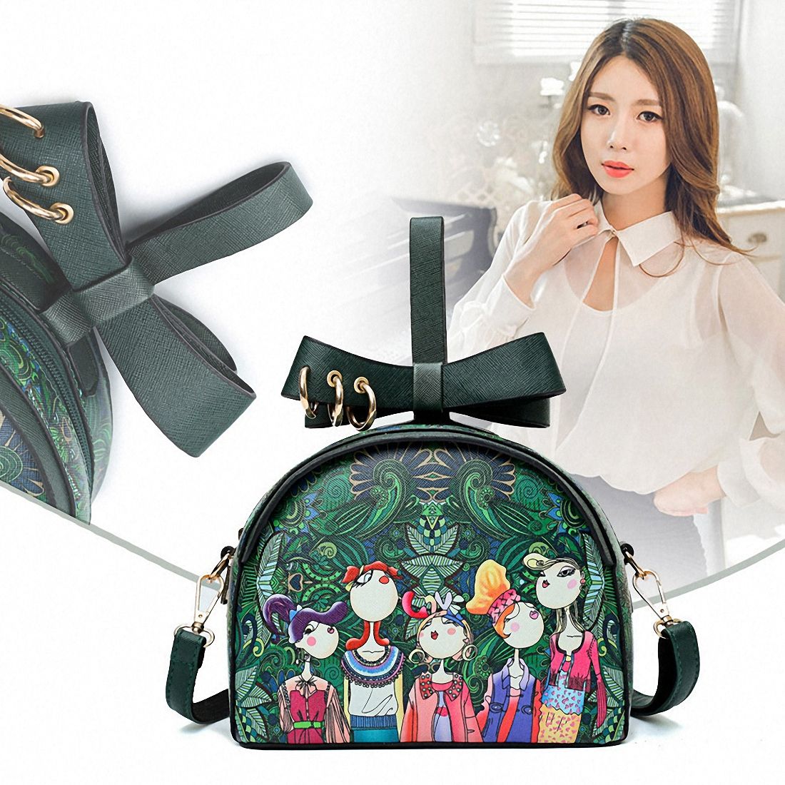 Ms. bag quilting forest girl printing green PU leather fashion trend small square shoulder diagonal package - ebowsos