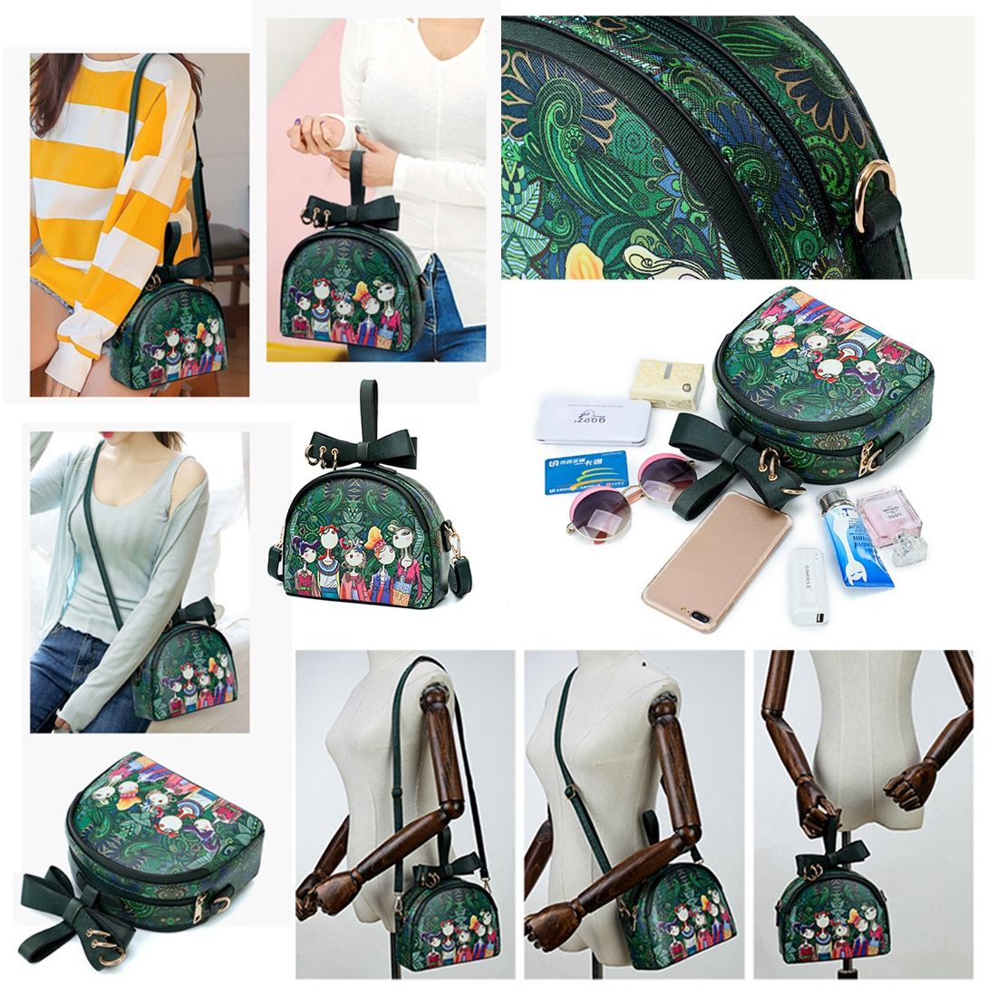 Ms. bag quilting forest girl printing green PU leather fashion trend small square shoulder diagonal package - ebowsos