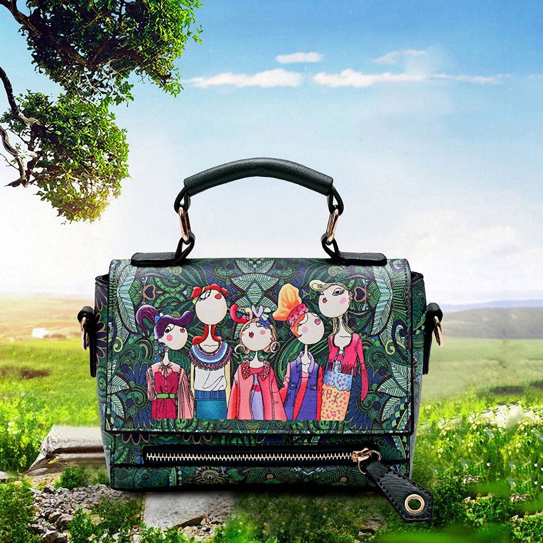 Ms. patchwork forest girl printed green PU leather fashion trend zipper square bag shoulder diagonal package - ebowsos