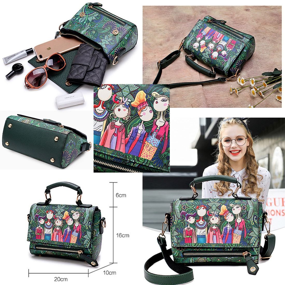 Ms. patchwork forest girl printed green PU leather fashion trend zipper square bag shoulder diagonal package - ebowsos