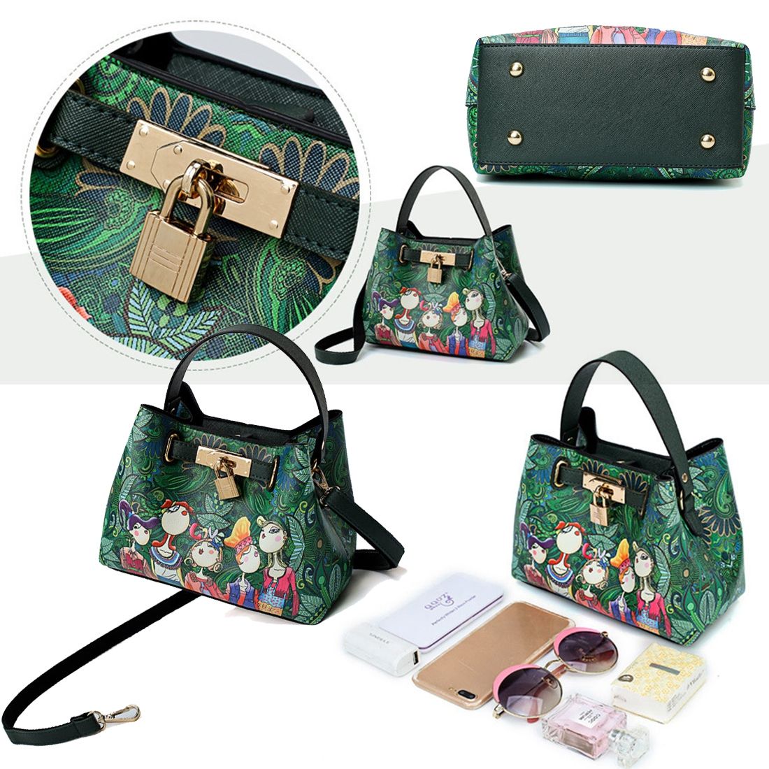 Ms. patchwork forest girl printing green PU leather fashion trend multi-use shoulder diagonal package - ebowsos