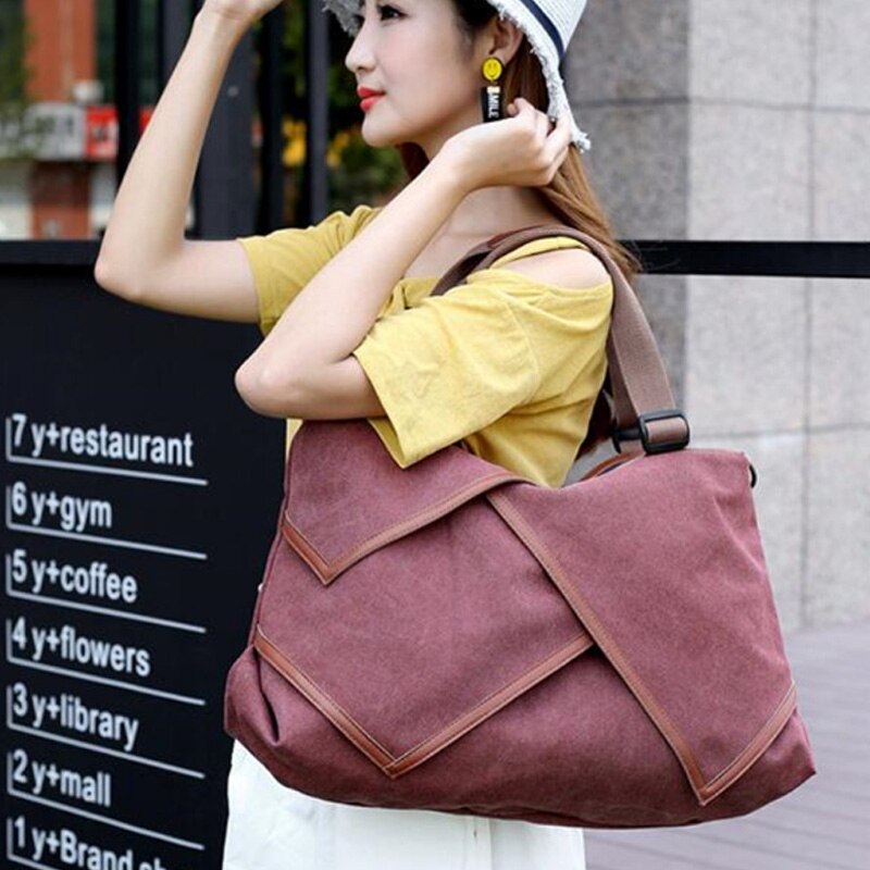 Multi-Functional Patchwork Canvas Handbag Large Capacity Ladies Handbag Shoulder Bag Simple Style Travel Bag - ebowsos