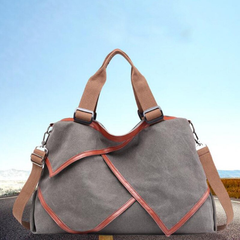 Multi-Functional Patchwork Canvas Handbag Large Capacity Ladies Handbag Shoulder Bag Simple Style Travel Bag - ebowsos