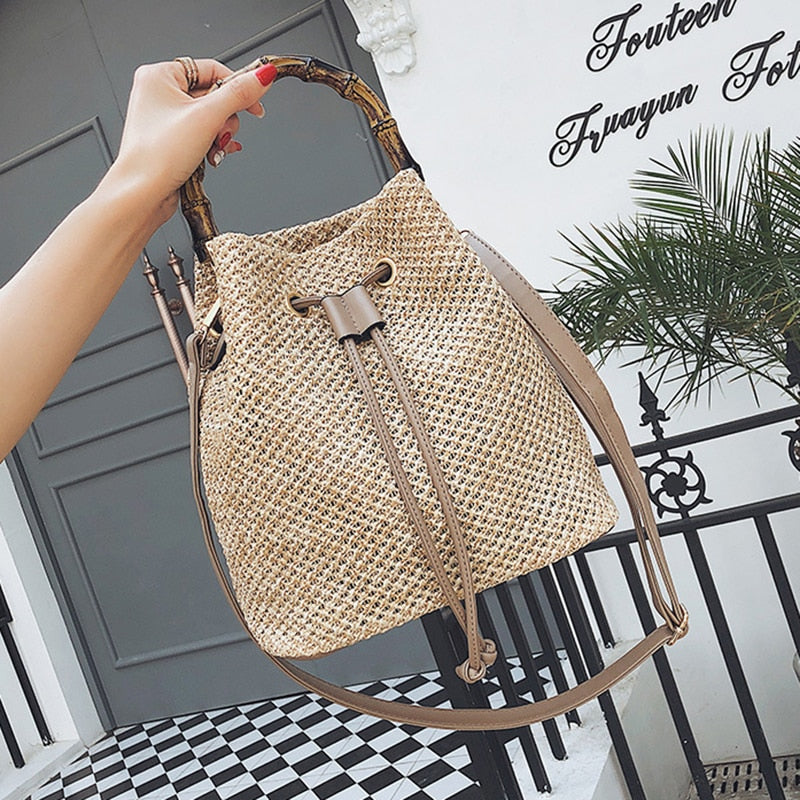 New Drawstring Women's Straw Bucket Bag Summer Woven Shoulder Bags Shopping Purse Beach Handbag Straw Handbags Travel Bag - ebowsos