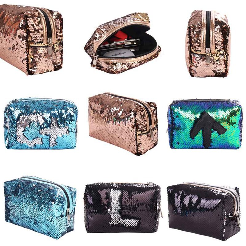 New Sequin Cosmetic Bag Color Reversible Sequin Pencil Bags Girls Cosmetic Case Gift - ebowsos