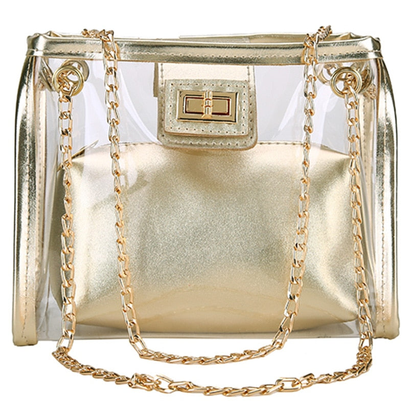 New Transparent Wallet 2 In 1 Handbag Transparent Bag Handbag Gold Chain Pvc Shoulder Bag - ebowsos