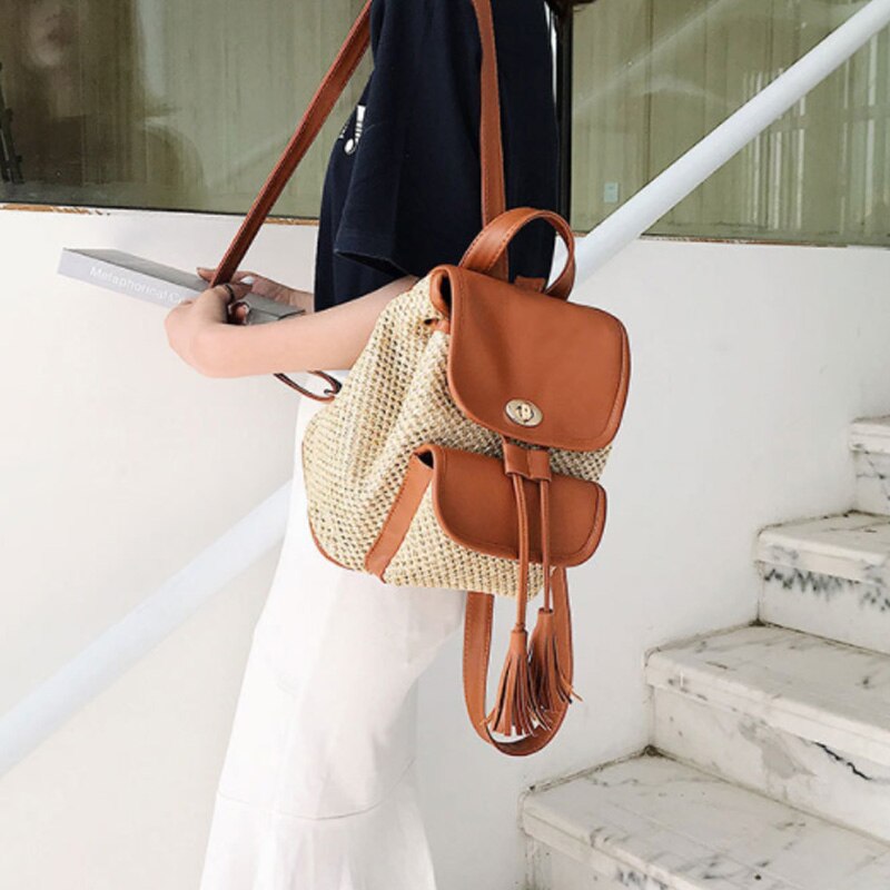 New Wave Summer Straw Versatile Fashion Tassel Student Backpack Travel Bag - ebowsos