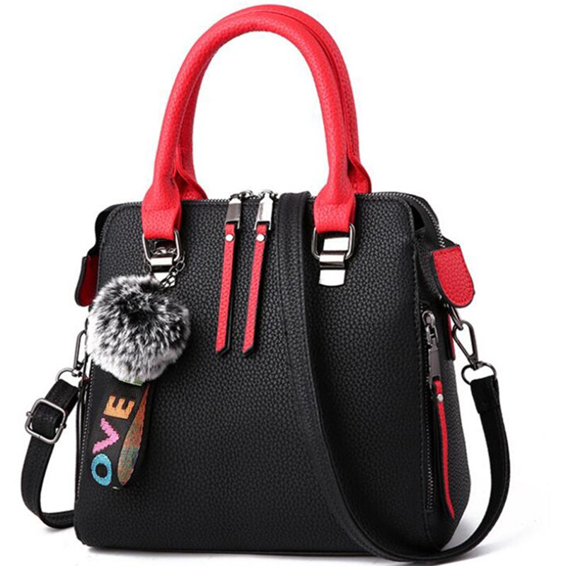 PU Leather Women Messenger Bag Fur Ball Crossbody Flap Bag Female Shoulder Bag Solid Color Handbags - ebowsos