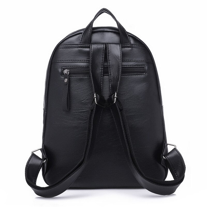 PU Leather Women's Backpacks Large Capacity Bag For Teenager Girls Fashion Solid Backpack Female Black Rucksacks Female B - ebowsos