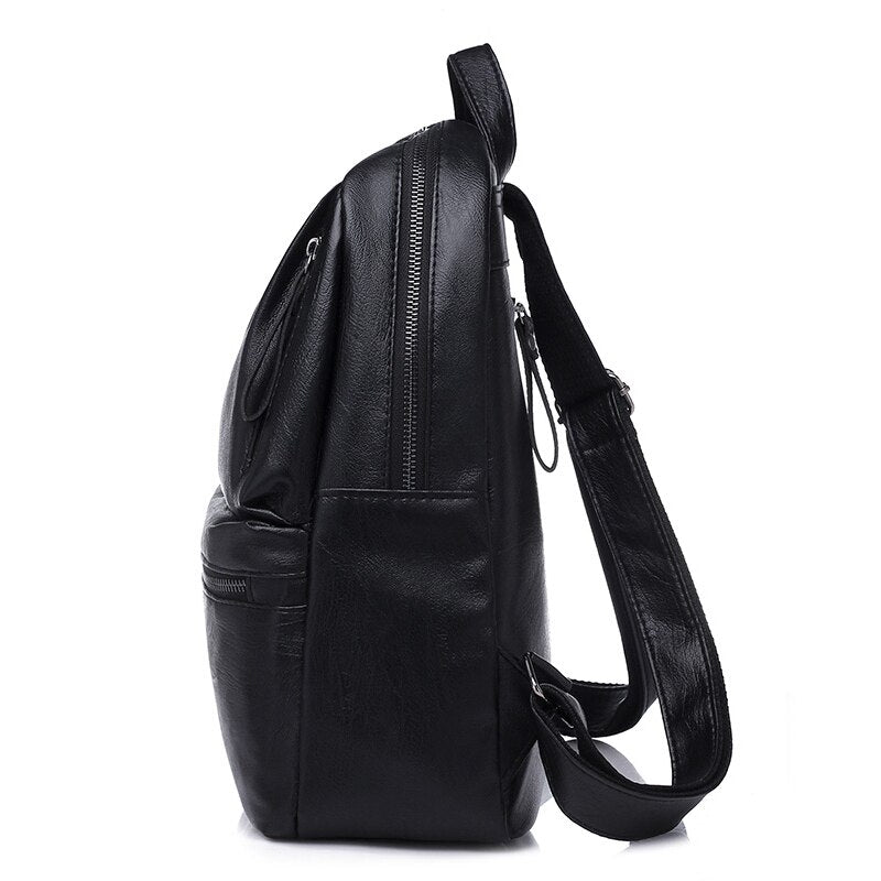 PU Leather Women's Backpacks Large Capacity Bag For Teenager Girls Fashion Solid Backpack Female Black Rucksacks Female B - ebowsos