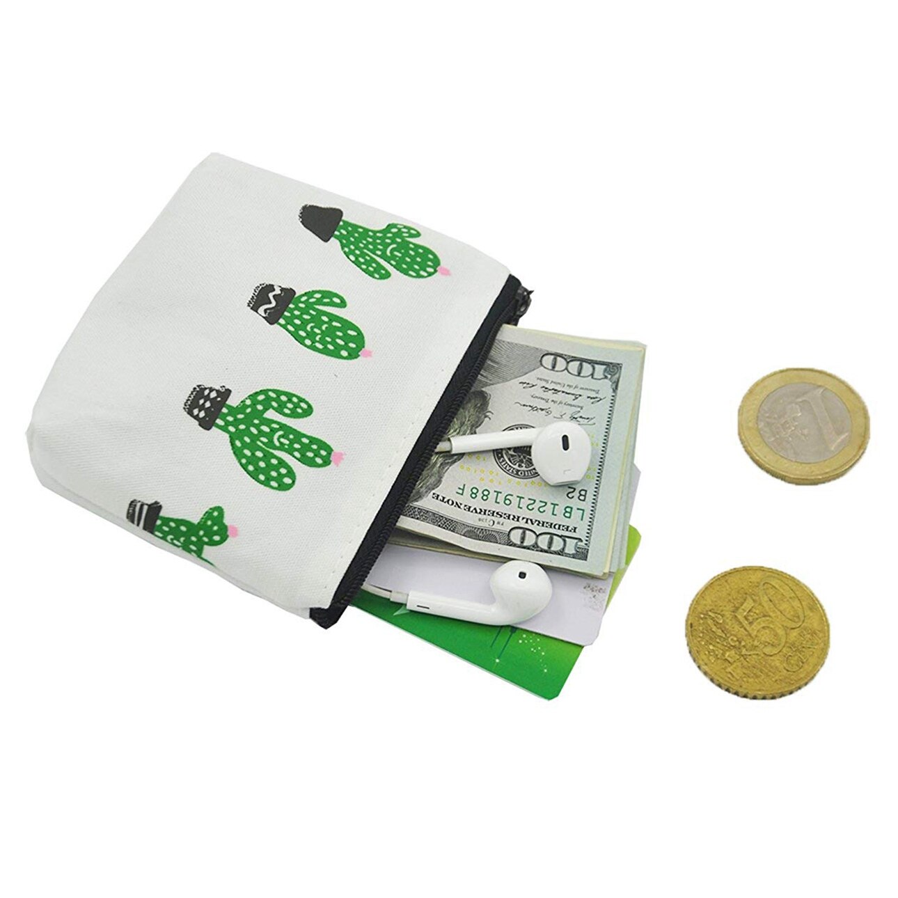 Pack Of 4 Canvas Coin Purse Change Cash Bag Zipper Small Purse Wallets, Cactus - ebowsos